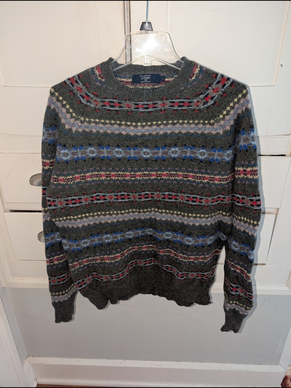 J. Crew Men's Dark Gray Fair Isle Crewneck Sweater with Blue and Red Accents